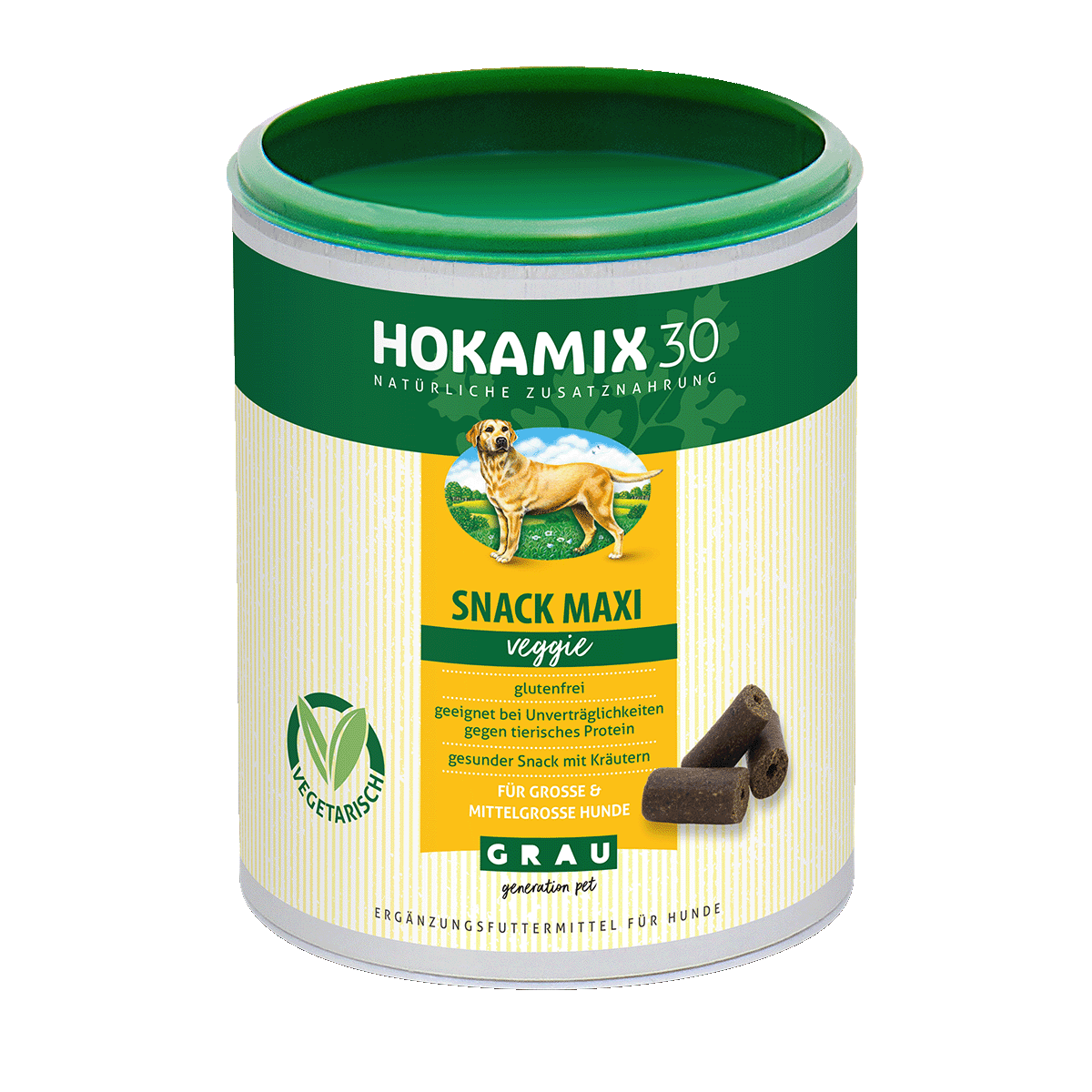 HOKAMIX30 Snack Maxi veggie ist die vegetarische Variante des HOKAMIX30 Snacks für große Hunde und enthält pro Snack ebenfalls 5 g der Kräutermischung HOKAMIX30 Classic